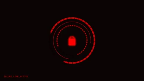 Digital secure link active display with pulsating red locking icon on dark .. Stock Footage 341824428