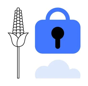 Digital Security in Agriculture Corn, Padlock, and Cloud Protection Vector Stock Illustration