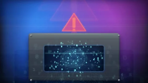 Digital security alert with flashing warning sign and data processing on Stock Footage 341830039