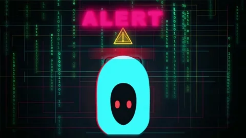 Digital Security Alert with Glowing Red Warning Text and Cyber Robot Icon on Stock Footage 345753430