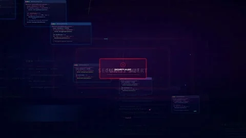 Digital Security Alert Interface with Scrolling Code and Warning Notifications 库存影片 341069028