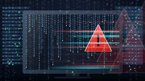 Digital security alert with red warning sign and binary code on futuristic Video stock 343158573