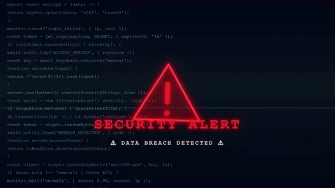 Digital Security Alert with Red Warning Signs Overlapping Scrolling Computer Stock Footage 345765786