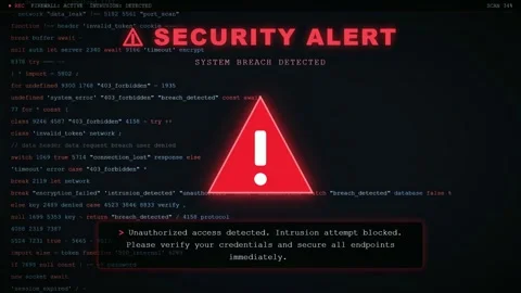 Digital security alert with red warning sign and scrolling computer code on Stock Footage 345766449