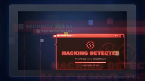 Digital Security Alert Screen with Hacking Detected Warning and Glitch Effects Stock Footage 343170453