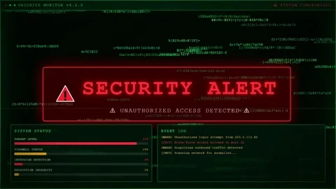 Digital security alert screen with red warning message and scrolling computer Stock Footage 345766378