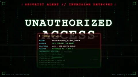 Digital Security Alert Screen Showing Unauthorized Access Warning and Cyber Stock Footage 345759670