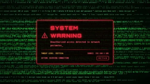 Digital security alert with system warning popup over scrolling green computer Stock Footage 345766129