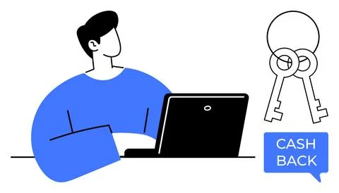 Digital Security and Cashback Concept with Person Using Laptop and Keys Stock Illustration