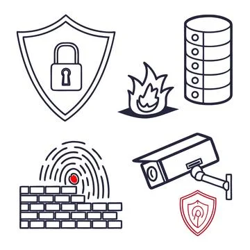 Digital security and data protection icons set with firewall and surveillance Stock Illustration