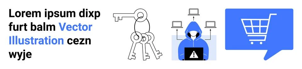 Digital Security and E-commerce with Hacker, Keys, and Shopping Cart Illust.. 库存插图