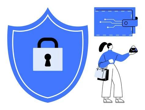 Digital Security and Online Shopping Shield, Padlock, Wallet, Shoppers Conv.. Stock Illustration