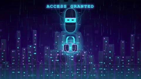 Digital security animation with glowing lock icon and access granted text on Stock Footage 341830929