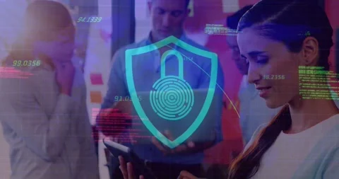 Digital security animation over diverse professionals using technology in office Stock Footage 330664752