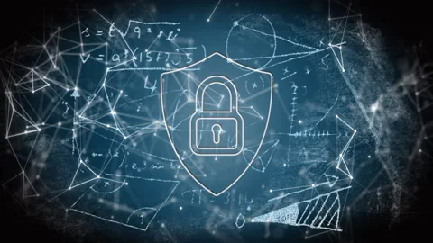 Digital security being visualized in 3D render, with shield padlock chalk Stock Footage 309111271
