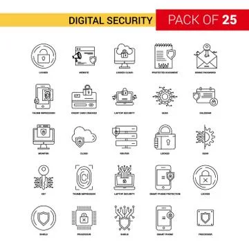 Digital Security Black Line Icon - 25 Business Outline Icon Set Stock Illustration