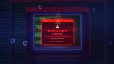 Digital Security Breach Alert with Red Warning Window and Scrolling Computer Stock Footage 336776523