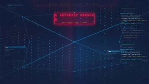 Digital Security Breach Alert with Red Warning Sign and Scrolling Computer Code Stock Footage 341068990