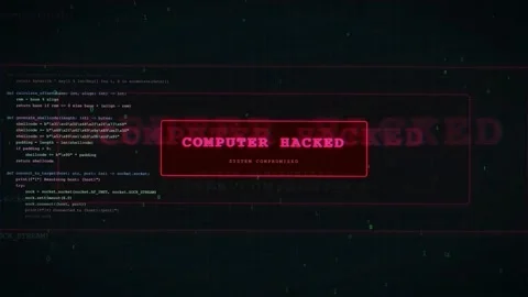 Digital security breach animation with computer hacked warning message and Stock Footage 336776749
