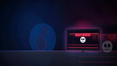 Digital security breach animation with hacked warning message and skull icon on Stock Footage 341824876