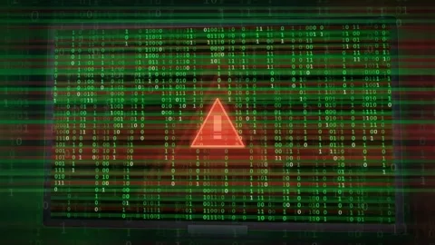 Digital security breach animation with red warning sign and scrolling binary Stock Footage 343161737