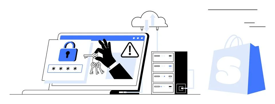 Digital Security Breach on E-commerce Platform with Cloud and Server Componen Illustrazione stock