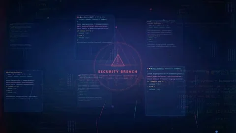 Digital Security Breach Warning with Glitching Code and Red Alert Symbol on 動画素材 341069059