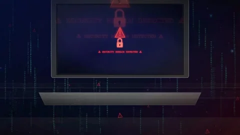 Digital Security Breach Warning with Red Alert Icons and Data Stream on Stock Footage 336777227