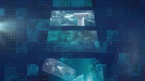 Digital security camera footage processing data animation on blue grid Stock Footage 303794126