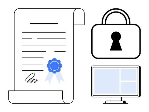 Digital Security Certificate with Blue Seal, Secure Lock, and Computer Monito Stock Illustration