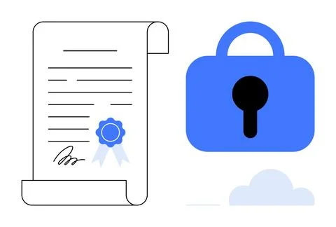 Digital Security Certification with Lock Symbol and Signed Document Stock Illustration