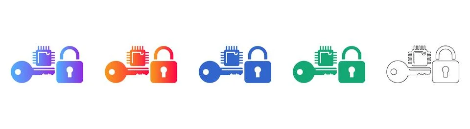Digital Security Chip and Key Icon Set Stock Illustration