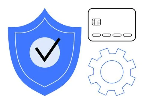 Digital security concept with blue shield, check mark, credit card, and gea.. Stockillustratie