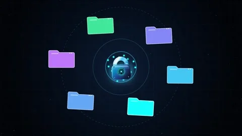 Digital security concept with a central locked padlock and colorful file fo.. Stock Footage 345045742