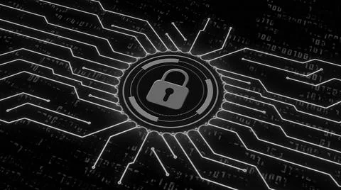 Digital security concept - closed padlock in center of concentric rings Illustrazione stock