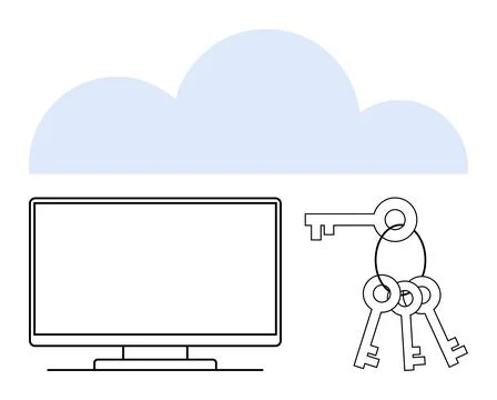 Digital Security Concept with Cloud Computing, Computer Screen, and Keys Il.. 스톡 일러스트
