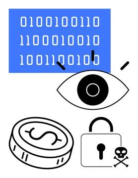 Digital Security Concept with Coding, Eye, Locked Padlock and Coin Represen.. Stock Illustration