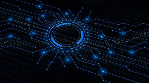 Digital security concept - concentric rings in center of data circuit lines イラスト素材