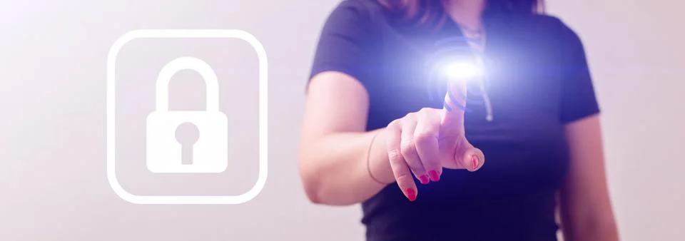 Digital security concept, cybersecurity, button with padlock Foto stock