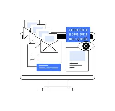 A digital security concept with emails, binary code, and an eye, representing Stock Illustration