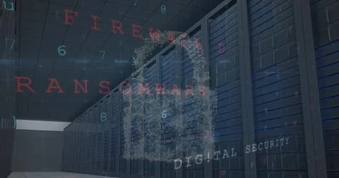 Digital security concept with firewall and ransomware text overlaying server Stock Photos