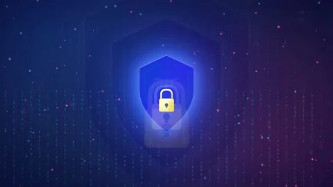 Digital Security Concept with Glowing Blue Shield and Golden Padlock on Stock Footage 336772421