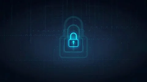 Digital Security Concept with Glowing Blue Padlock Icon on Dark Abstract Stock Footage 336774354