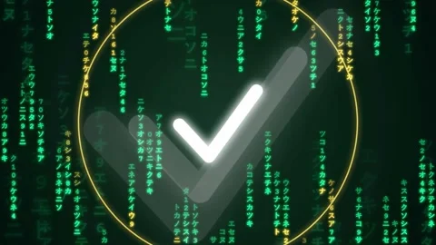Digital security concept with glowing check mark appearing over green binary Stock-Footage 343155479