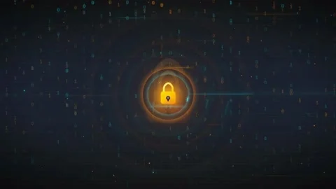 Digital Security Concept with Glowing Golden Padlock Icon and Binary Code Data Stock Footage 336776069