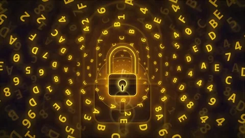 Digital security concept with glowing golden padlock and streaming hexadecimal Stock Footage 341834138