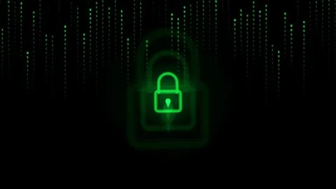 Digital Security Concept with Glowing Green Padlock Icon and Falling Binary Stock Footage 336776734