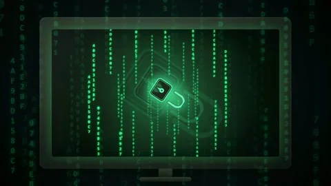 Digital Security Concept with Glowing Green Padlock and Binary Code on Computer Video stock 341829553
