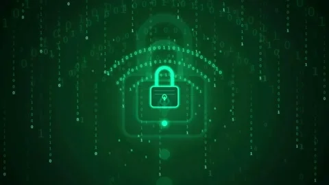Digital security concept with glowing green padlock icon and falling binary Stock Footage 341831336