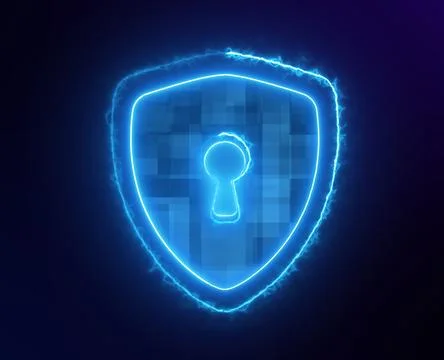 Digital security concept with a glowing neon shield and padlock on a dark b.. Stock Illustration